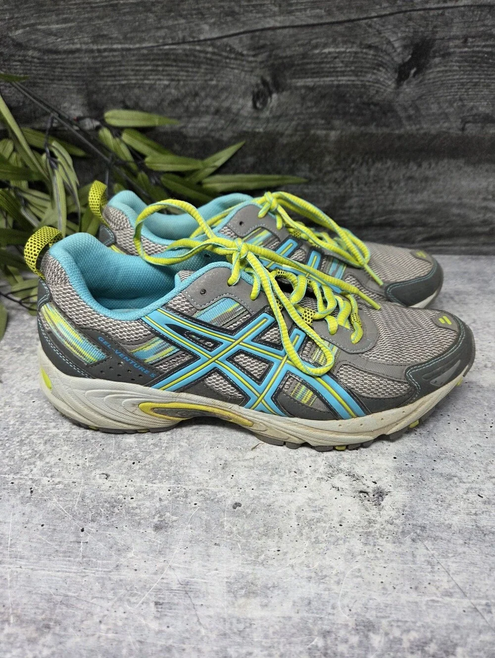Asics Gel Venture 5 Gray Teal Yellow Sneakers Athletic Running Shoes Size 9.5